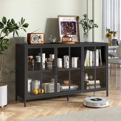 Modern Heavy Duty Metal Sideboard Buffet Cabinet With Storage, Adjustable Feet, Glass Doors, Steel - Black - Furniture Home Direct