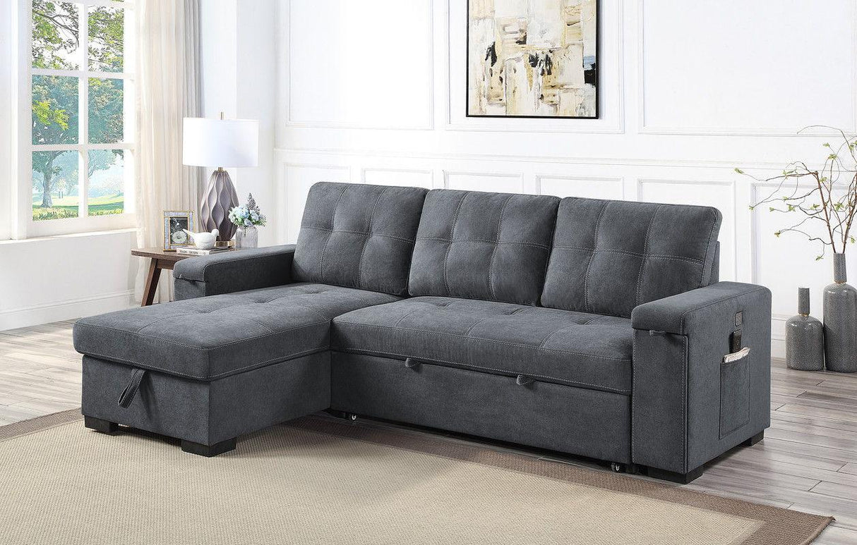 Toby - Woven Fabric Reversible Sleeper Sectional Sofa With Storage Chaise Cup Holder Charging Ports And Pockets - Furniture Home Direct