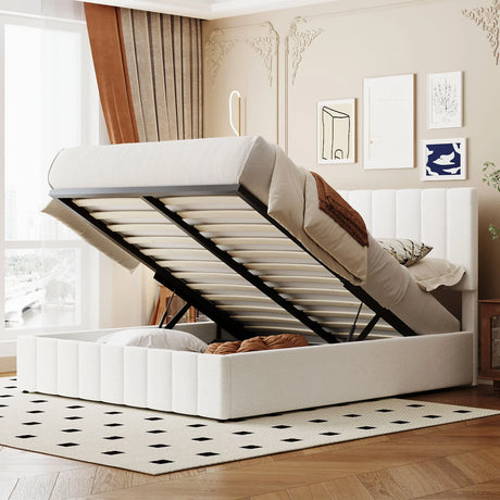 Storage Bed With Hydraulic Lift Platform, Upholstered White - Furniture Home Direct