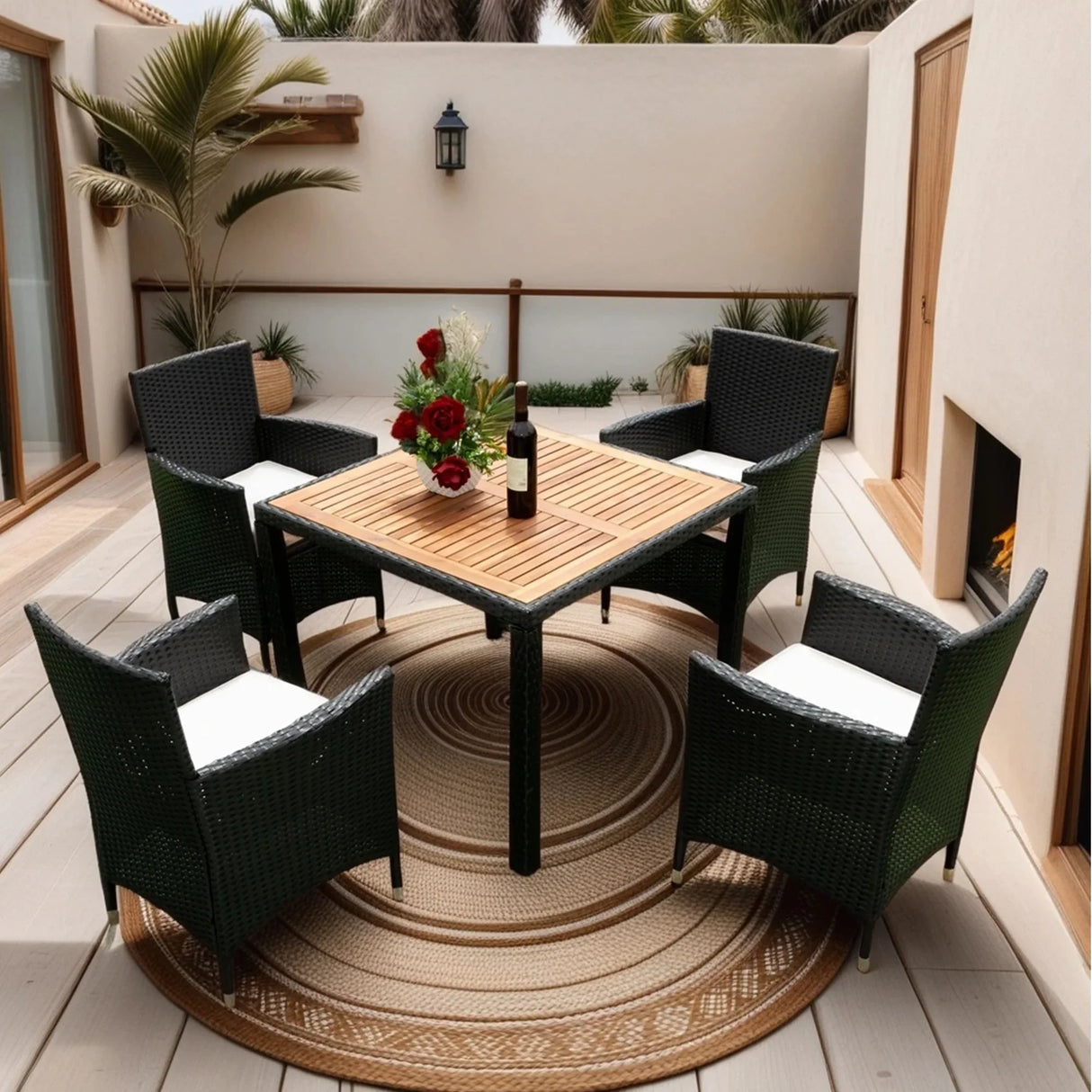 Outdoor Patio Wicker Dining Set With Acacia Wood Top - Furniture Home Direct