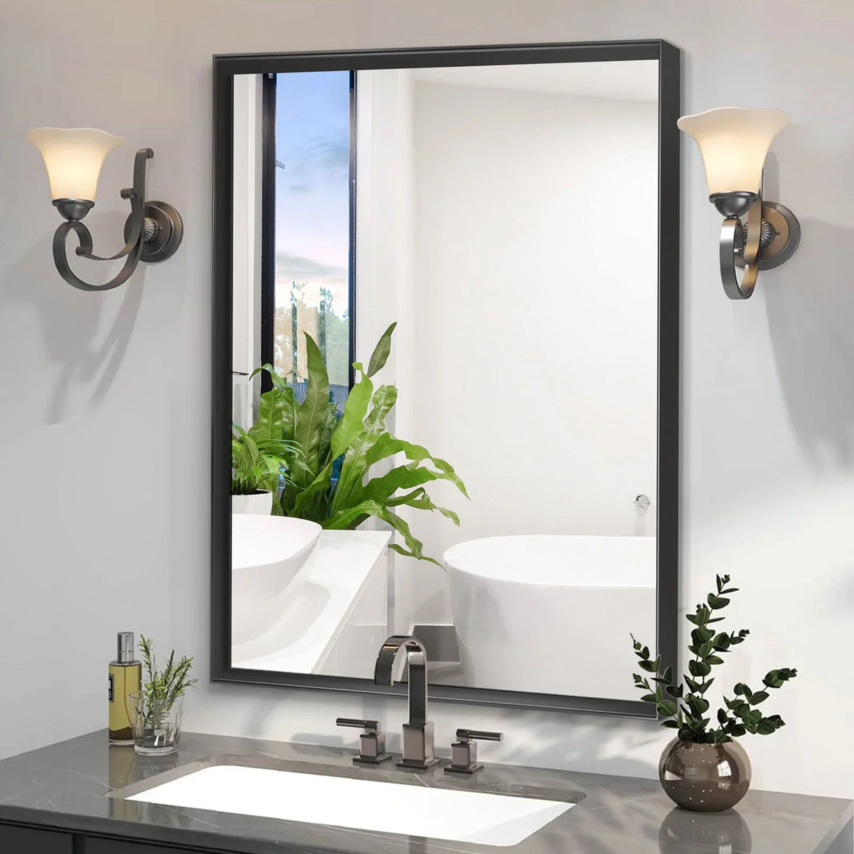 Rectangular Bathroom Mirror Square Angle Metal Frame Wall Mounted Hanging Plates Wall Mount Mirror For Bathroom (Horizontal & Vertical) - Furniture Home Direct