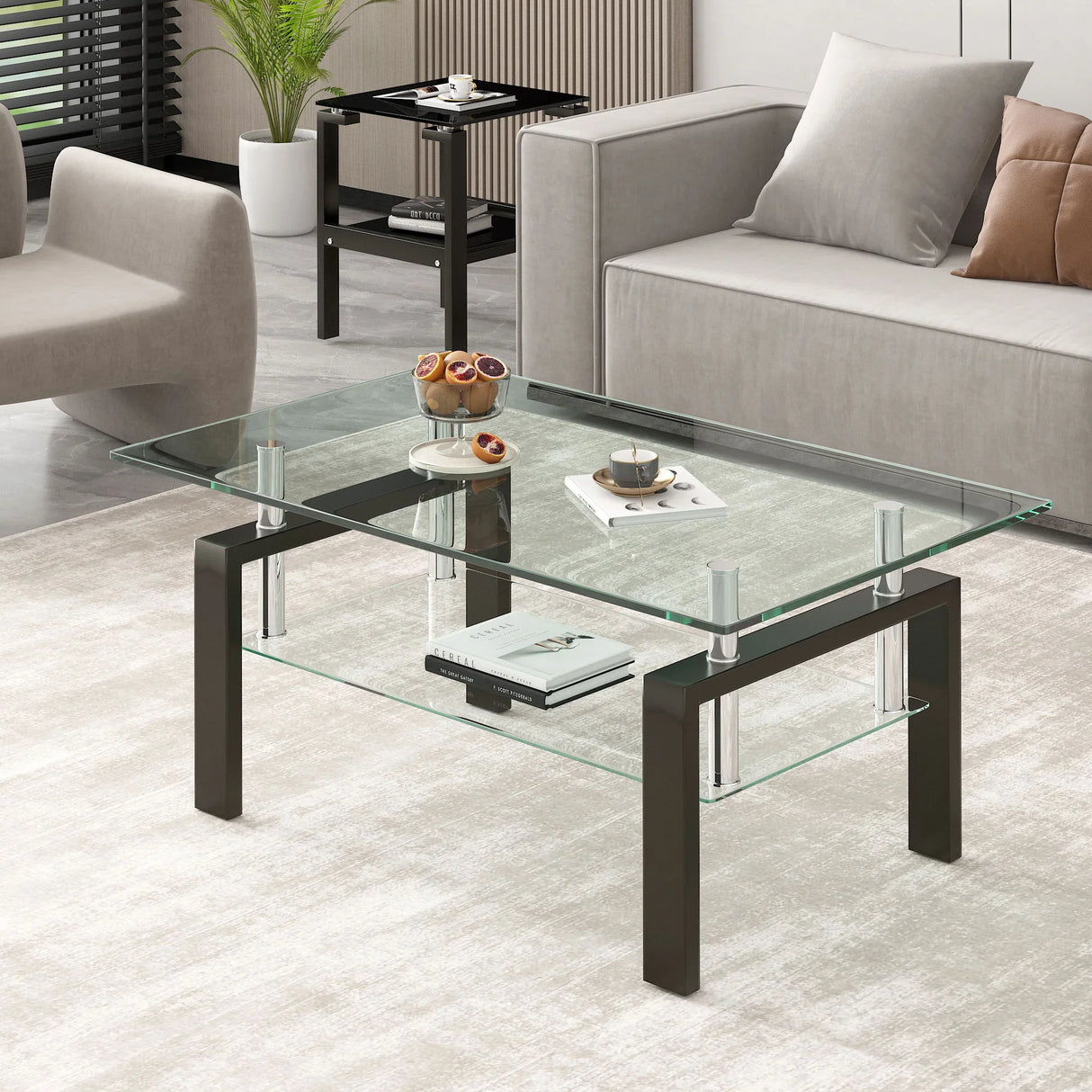 Tempered Clear Glass Coffee Table, 2-Layers Coffee Table Living Room Center Table - Black - Furniture Home Direct