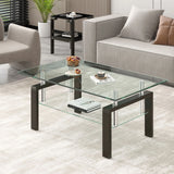 Tempered Clear Glass Coffee Table, 2-Layers Coffee Table Living Room Center Table - Black - Furniture Home Direct