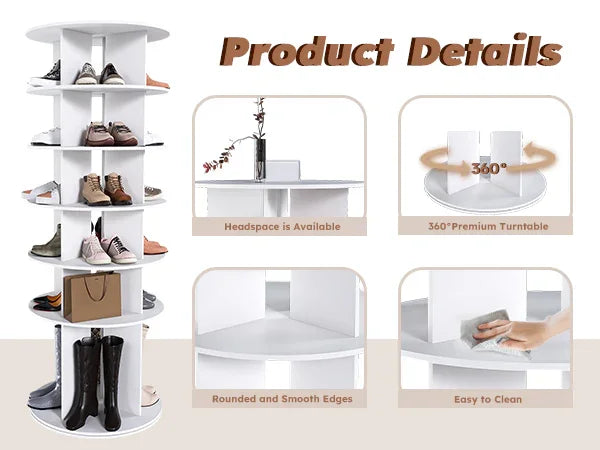 Free Standing 360° Revolving Shoe Organizer for 24 Pairs of Shoes (6-Tier White) - Furniture Home Direct