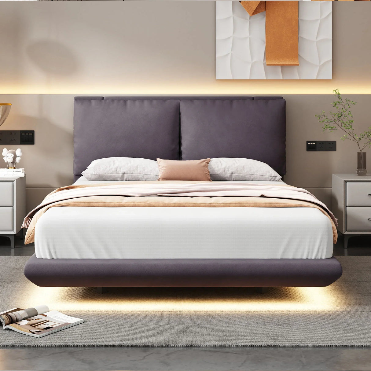 Upholstered Platform Bed With Sensor Light And 2 Large Backrests, With 2 Sets Of USB Port And Socket On Each Rear Bed Leg - Furniture Home Direct