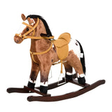 Qaba - Kids Metal Plush Ride-On Rocking Horse Chair Toy With Realistic Sounds - Dark Brown / White - Furniture Home Direct