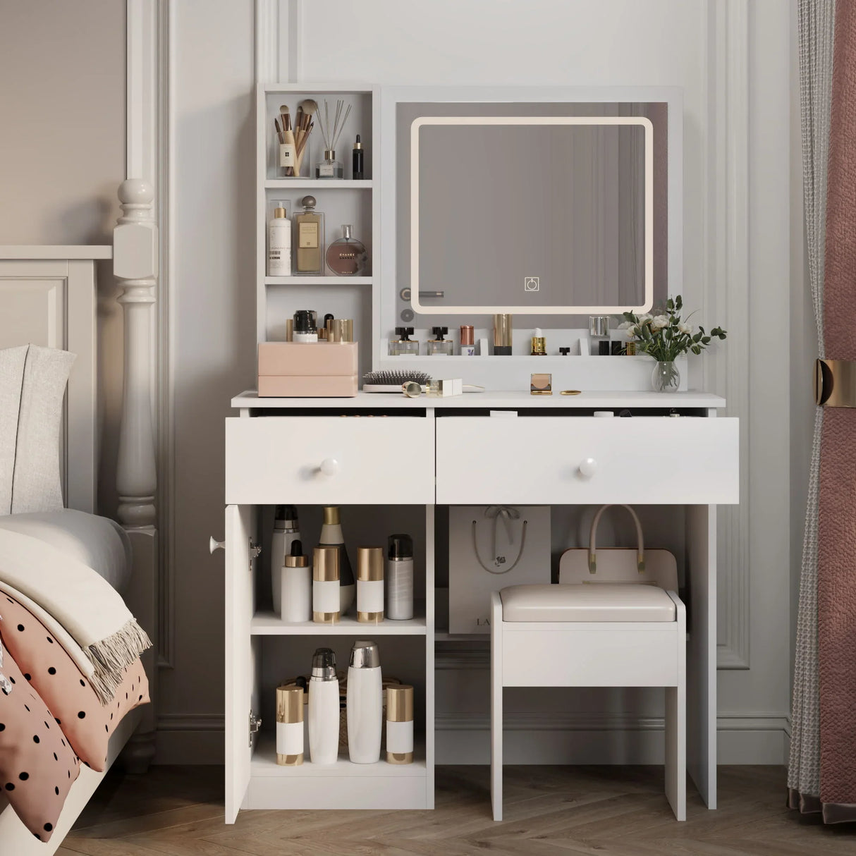 Fashion Vanity Desk With Mirror And Adjustable Lights, Makeup Table Set With 2 Drawers - White - Furniture Home Direct