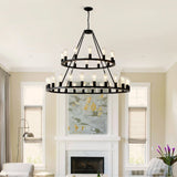 Extra Large Wagon Wheel Chandelier, 2 Tier 36 Lights (No Include) Farmhouse Industrial Round High Ceiling Pendant Light Adjustable Chain, For Dining Room, Living Room, Kitchen - Black - Furniture Home Direct
