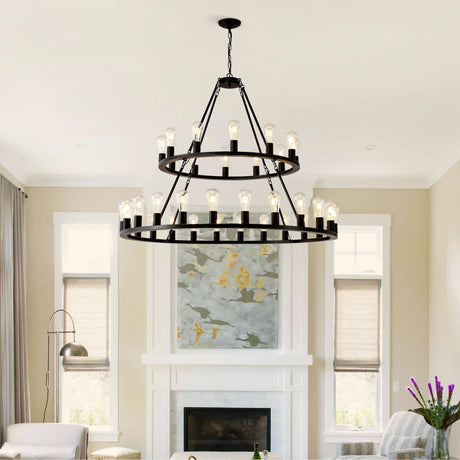 Extra Large Wagon Wheel Chandelier, 2 Tier 36 Lights (No Include) Farmhouse Industrial Round High Ceiling Pendant Light Adjustable Chain, For Dining Room, Living Room, Kitchen - Black - Furniture Home Direct