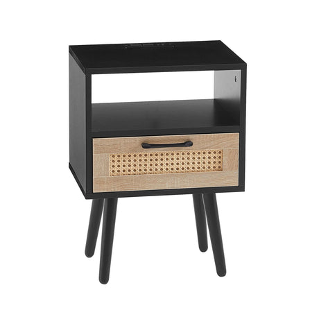 15.75" Rattan End Table With Power Outlet & USB Ports, Modern Nightstand With Drawer And Solid Wood Legs, Side Table For Living Room, Bedroom - Furniture Home Direct