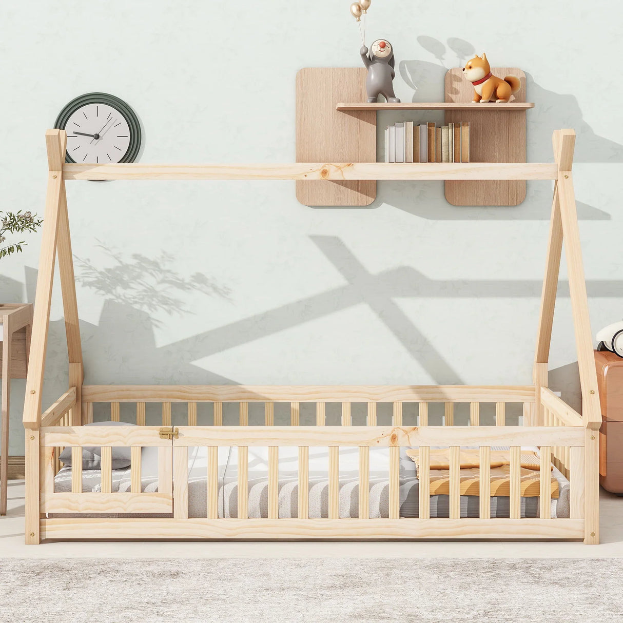 Tent-Shaped Floor Bed, With Guardrails, Slats, Door - Furniture Home Direct