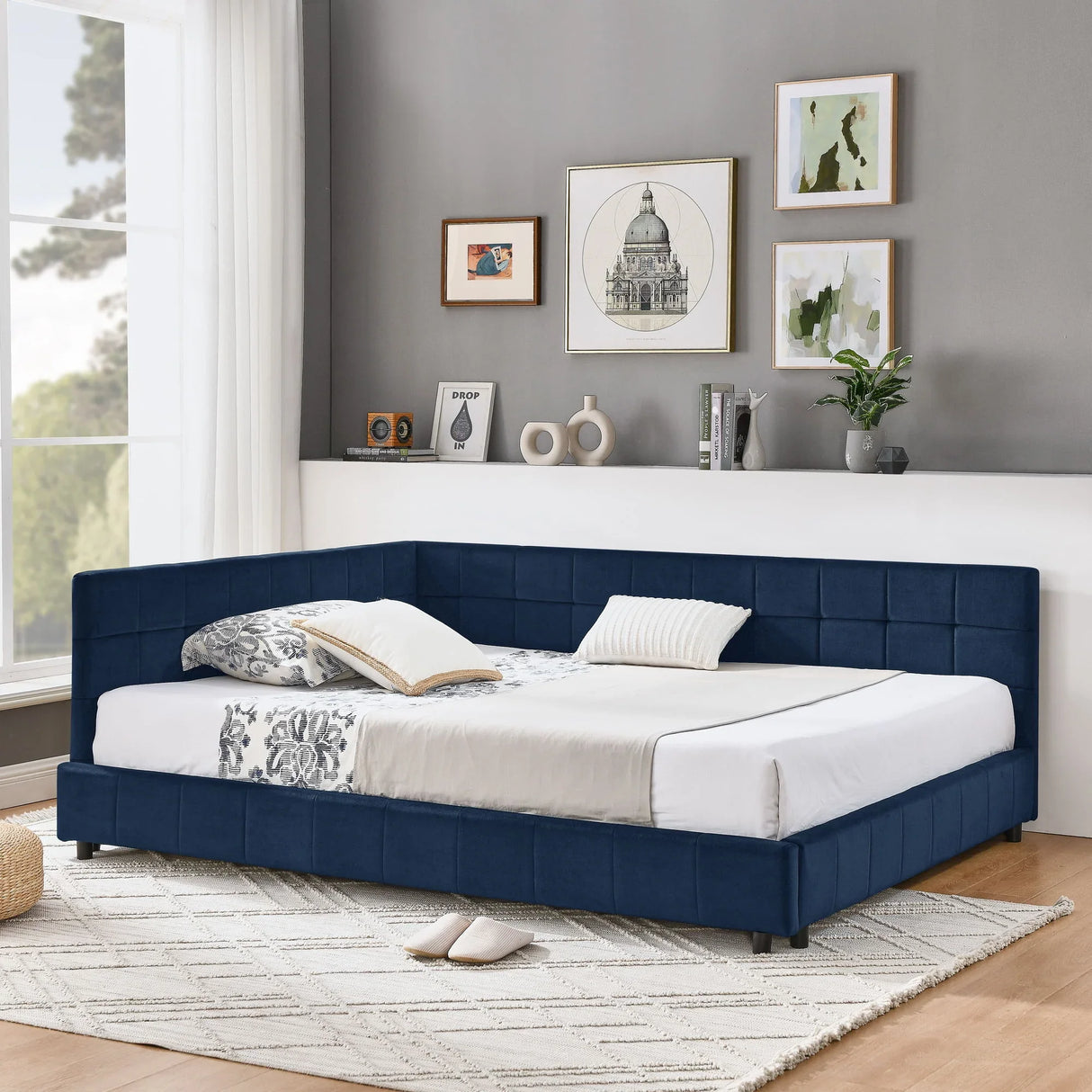 Mid-Century Storage Upholstered Tufted Bed Frame With Backrest And Armrests - Furniture Home Direct
