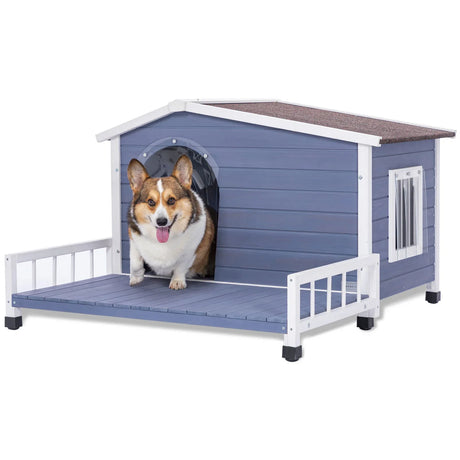 Large Wooden Dog House Indoor Outdoor With Terrace And Open Waterproof Asphalt Roof, Outdoor Dog House With Raised Floor, Windows And Door Curtains, Suitable For Small And Medium Dogs - Gray - Furniture Home Direct