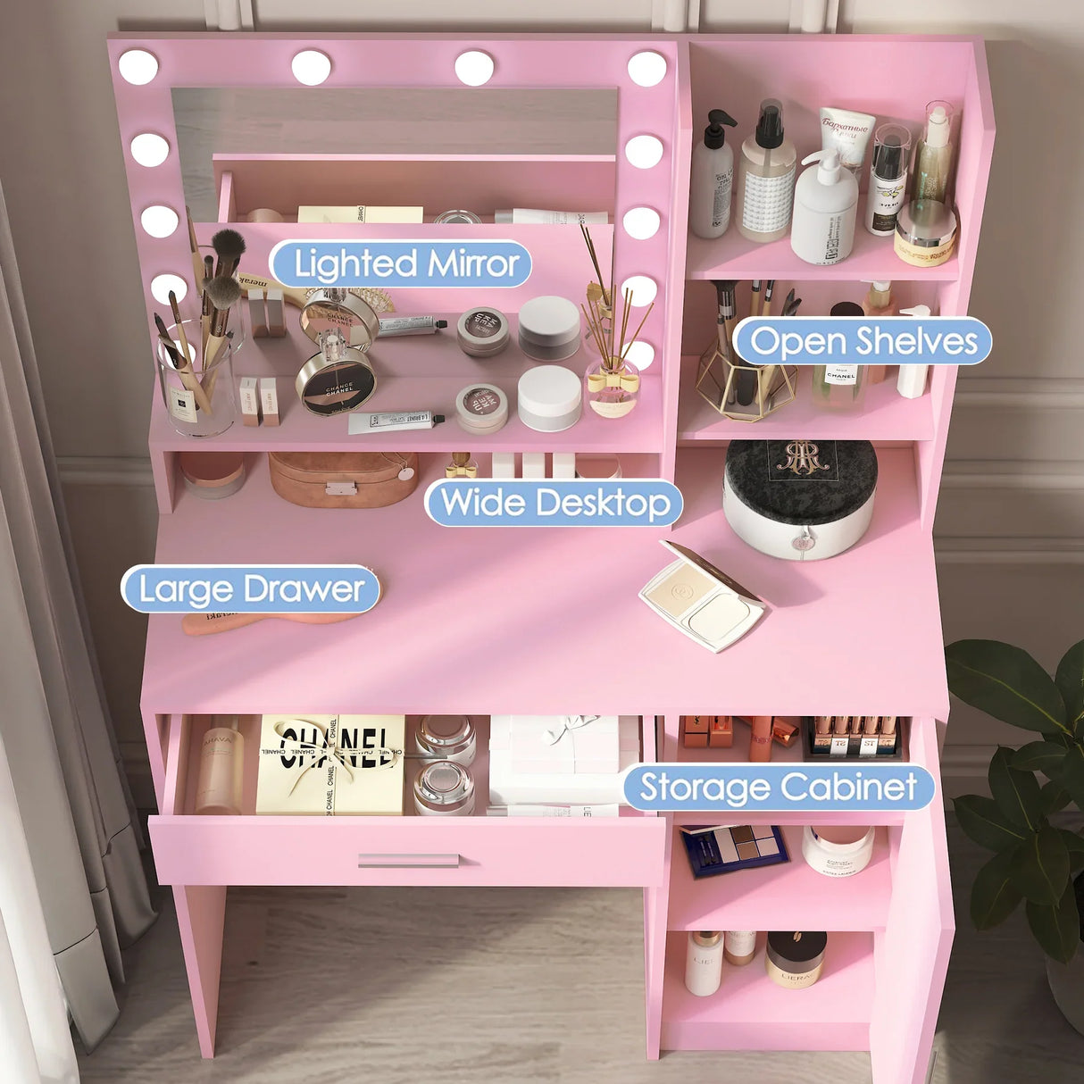 Vanity Desk With Illuminated Mirror And Storage Pink - Furniture Home Direct