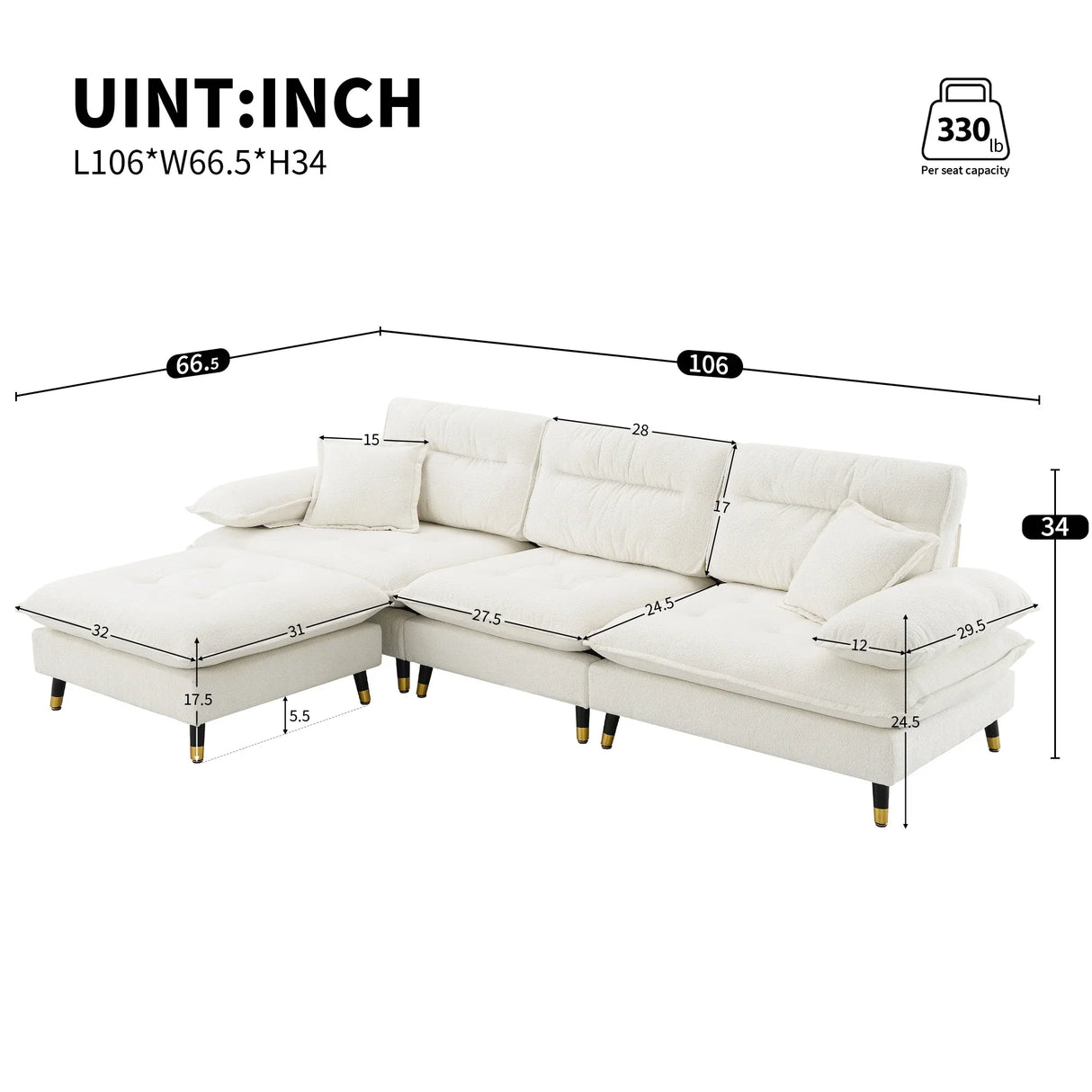 L Shaped Sofa Cloud Chenille Fabric Removable Ottoman White - Furniture Home Direct