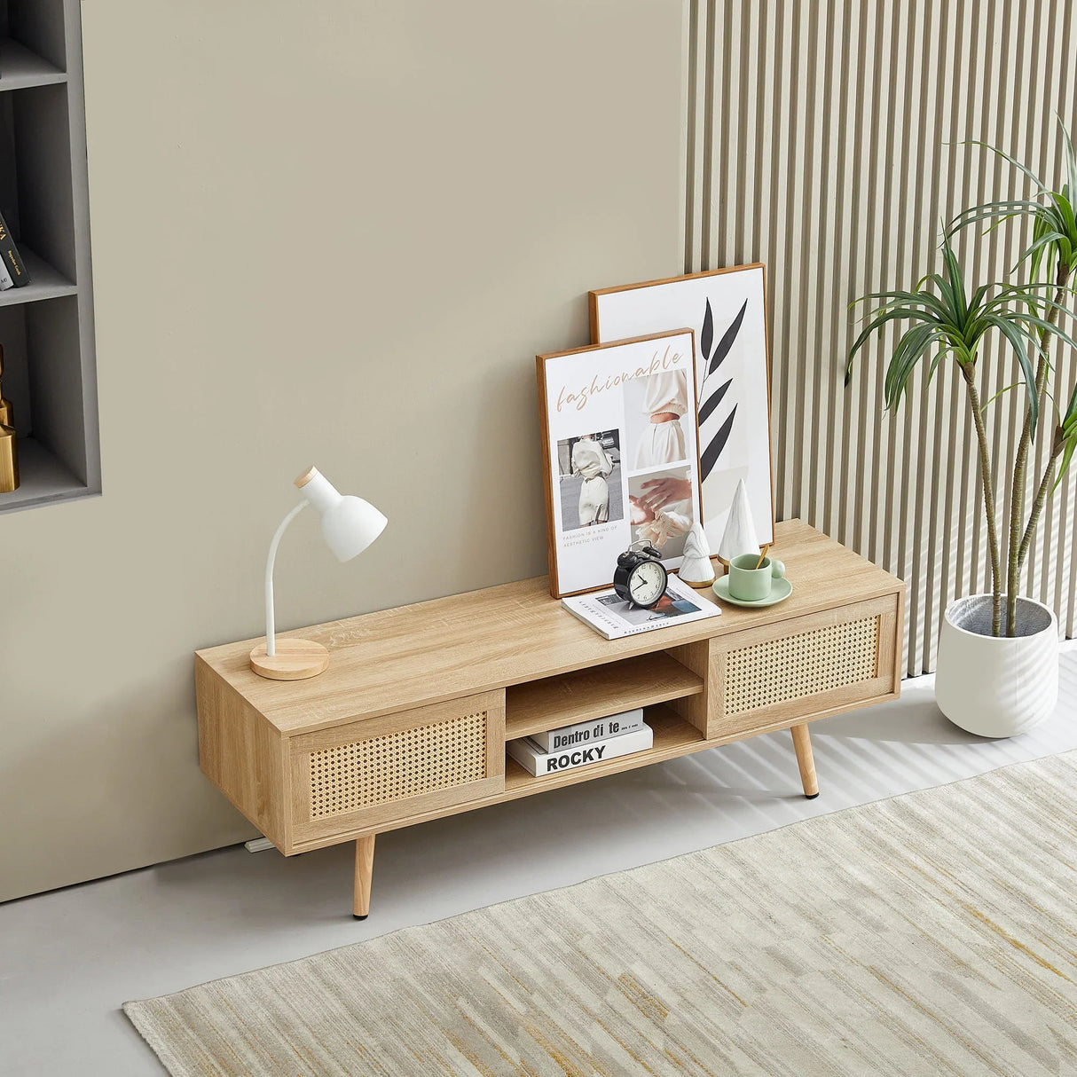 55.12" Rattan TV Cabinet, Double Sliding Doors For Storage, Adjustable Shelf, Solid Wood Legs, TV Console For Living Room - Furniture Home Direct