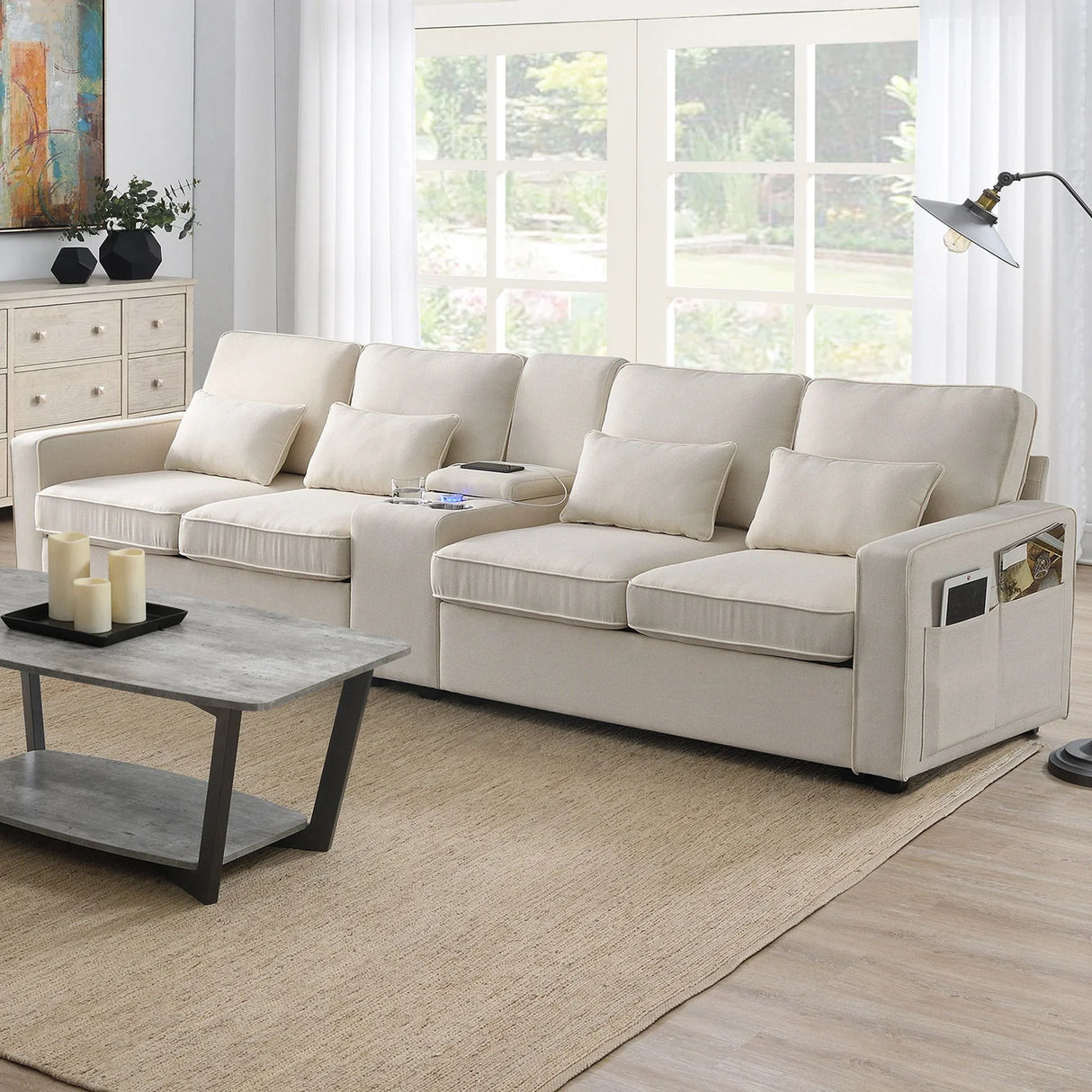 Upholstered Sofa With Console, 2 Cupholders And 2 USB Ports Wired Or Wirelessly Charged, Modern Linen Fabric Couches With 4 Pillows For Living Room, Apartment (4-Seat) - Furniture Home Direct