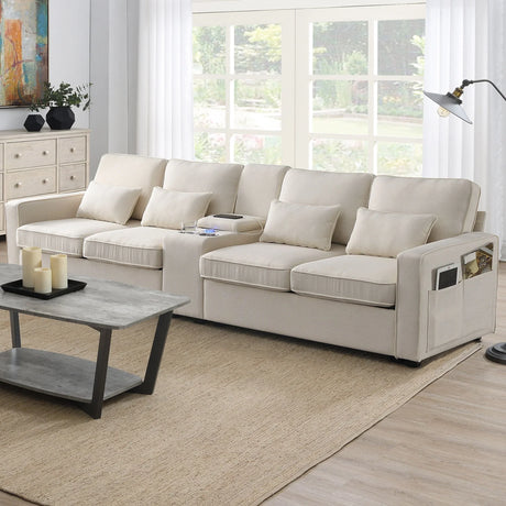 Upholstered Sofa With Console, 2 Cupholders And 2 USB Ports Wired Or Wirelessly Charged, Modern Linen Fabric Couches With 4 Pillows For Living Room, Apartment (4-Seat) - Furniture Home Direct
