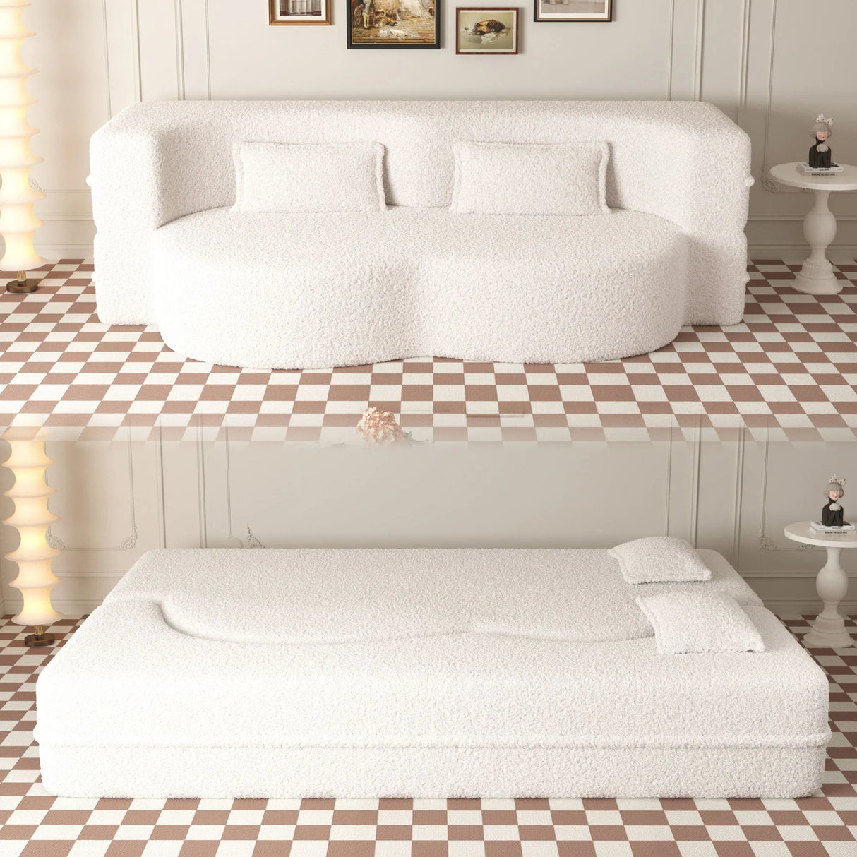 Modern Floor Sofa, With 2 Pillows, Convertible Teddy Fabric Foam Filled Bed - Furniture Home Direct