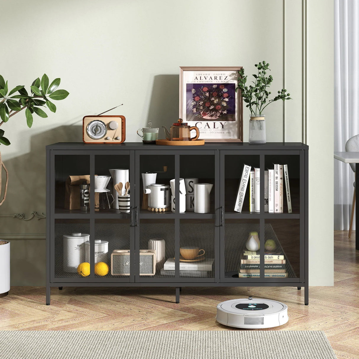 Modern Heavy Duty Metal Sideboard Buffet Cabinet With Storage, Adjustable Feet, Glass Doors, Steel - Black - Furniture Home Direct