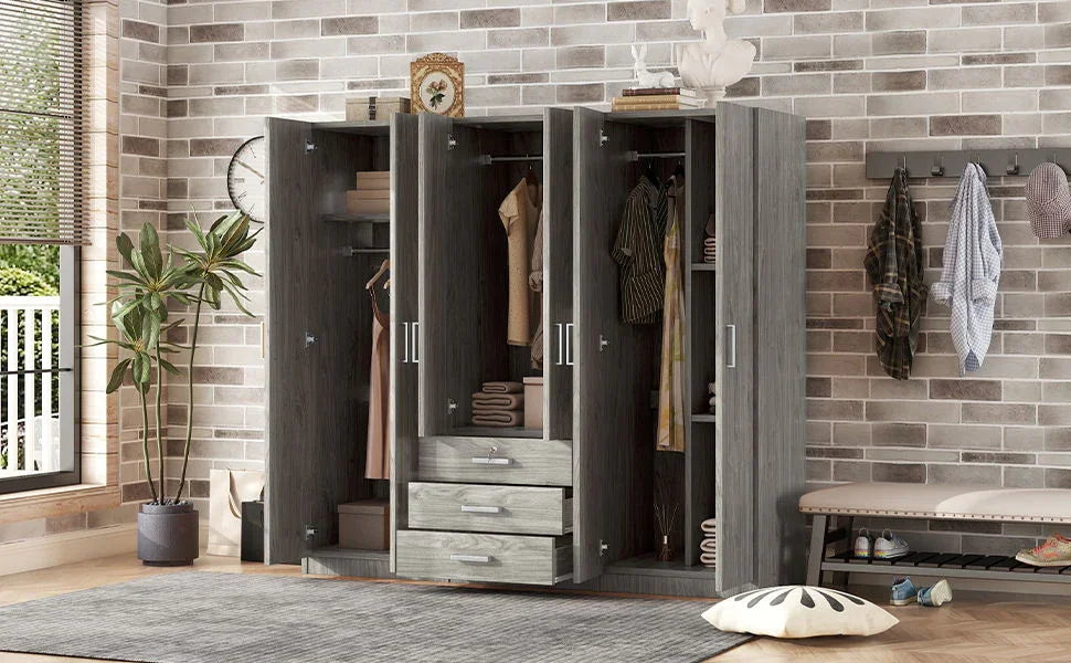 6 Doors Wardrobe Storage For Bedroom, With Big Drawers - Furniture Home Direct