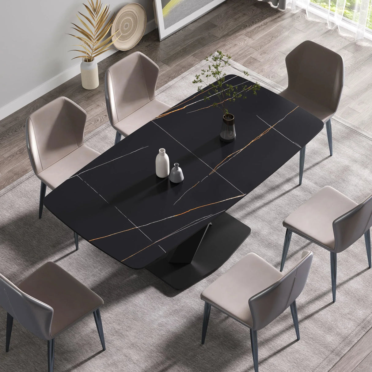 70.87" Modern Artificial Stone Black Curved Black Metal Leg Dining Table, Can Accommodate 6-8 People - Black - Furniture Home Direct