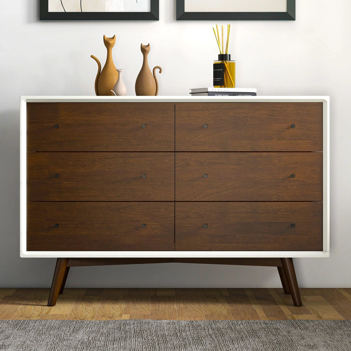 Mid-Century Modern White Dresser 6 Drawer - Dark Brown / White - Furniture Home Direct