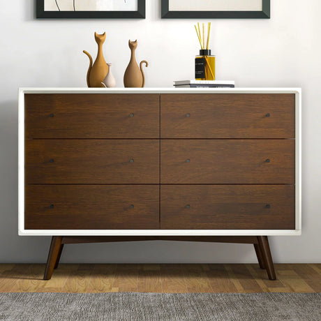 Mid-Century Modern White Dresser 6 Drawer - Dark Brown / White - Furniture Home Direct