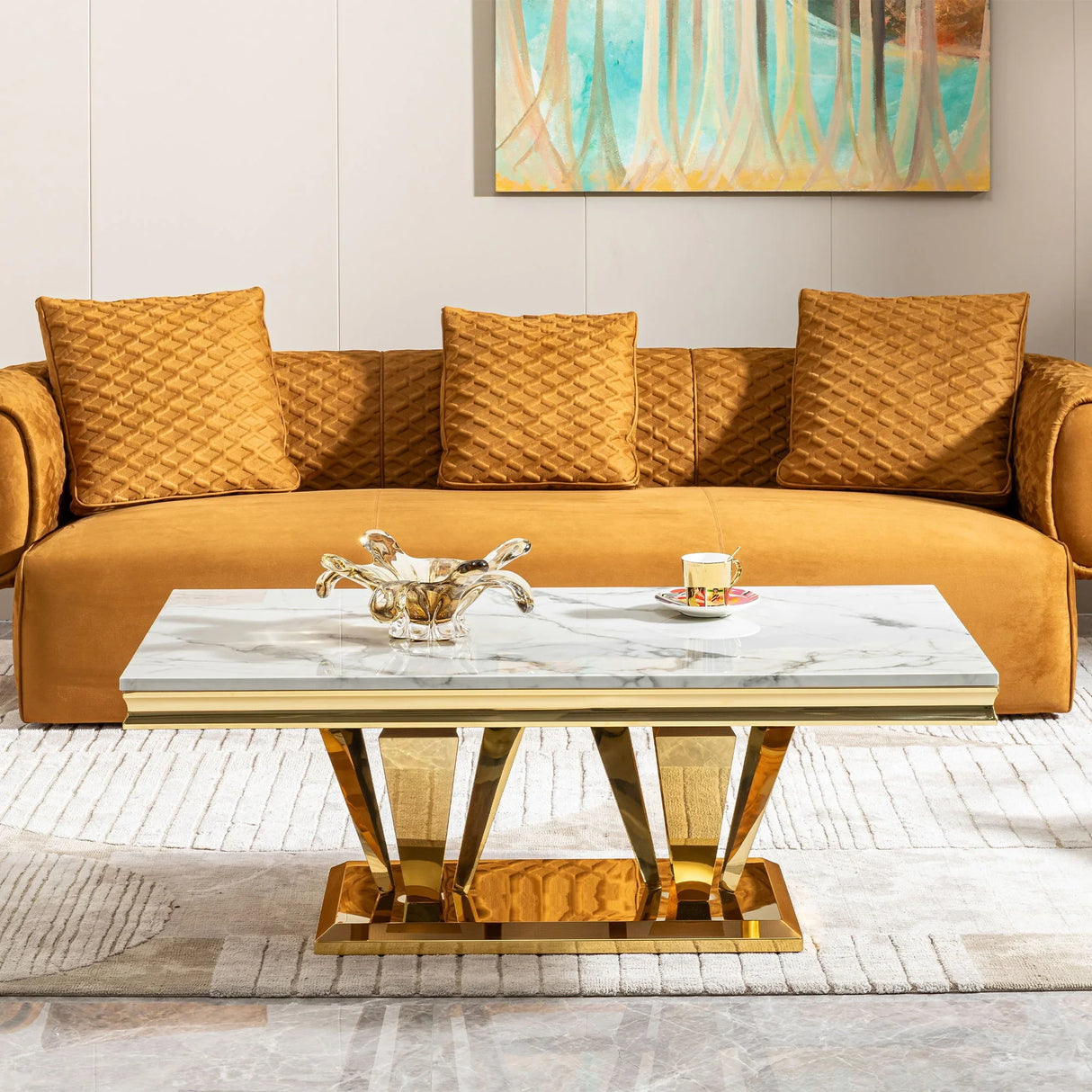 Modern Rectangular Coffee Table With Marble Pattern Top, Stainless Steel Base - Gold - Furniture Home Direct
