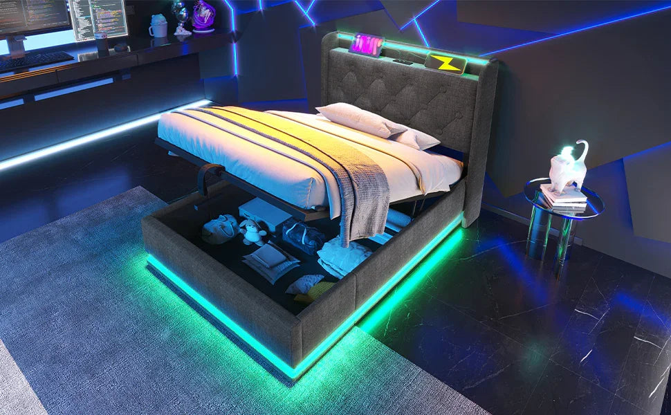 Twin Upholstered Bed 360 Surround LED Lighting USB C Gray - Furniture Home Direct