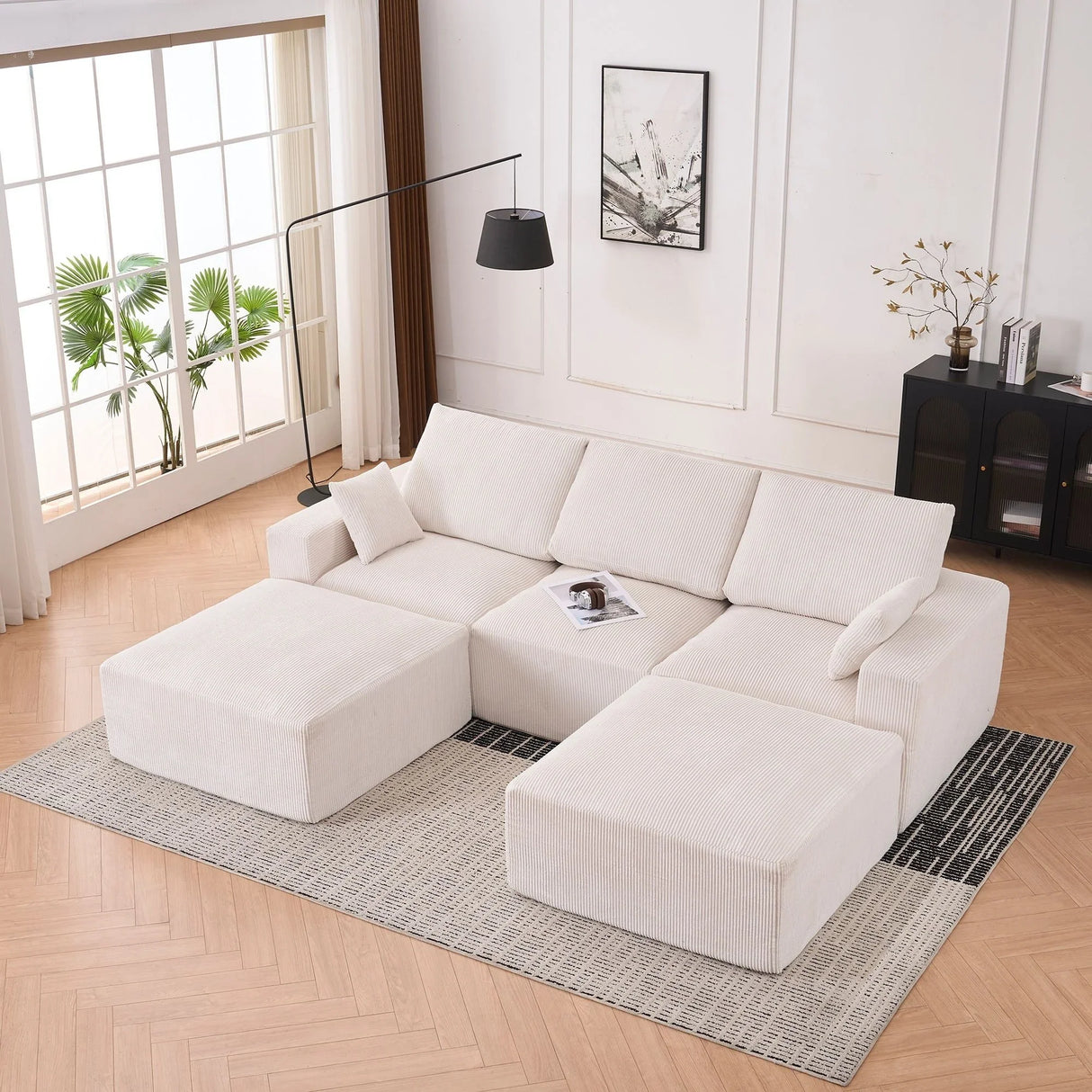 Modular Sectional Sofa With Ottoman, USB And Type C Charger, Petal Armrest Design - Furniture Home Direct