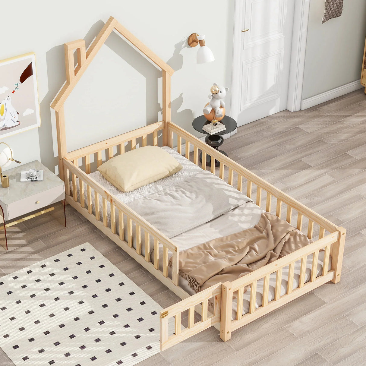 House-Shaped Headboard Floor Bed With Fence - Furniture Home Direct