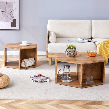 Coffee Table Set Hexagonal Wood Open Shelves Modern Wood - Furniture Home Direct