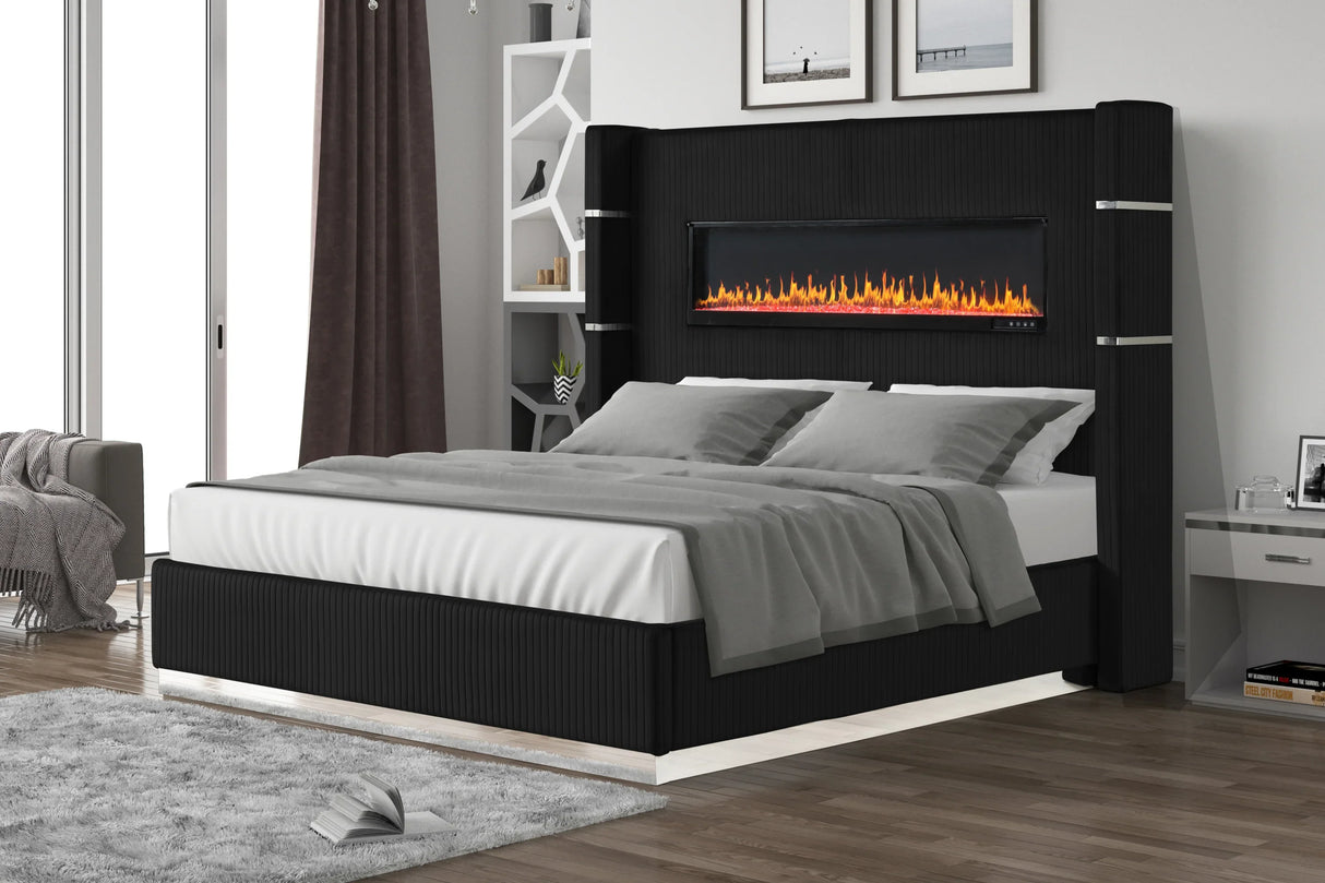 Upholstered Queen Bed with Fireplace in Black Velvet Finish - Furniture Home Direct