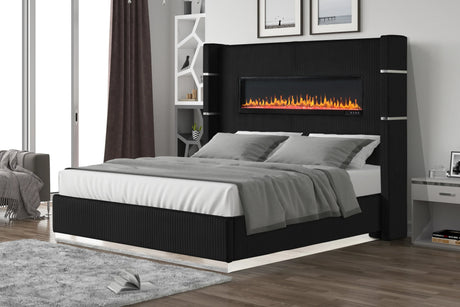 Upholstered Wooden King Bed with Fireplace in Black Velvet Finish - Furniture Home Direct