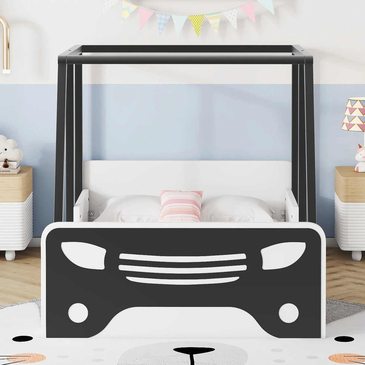 Twin Size Car-Shaped Bed With Roof, Wooden Twin Floor Bed With Wheels And Door Design, Montessori Inspired Bedroom - Furniture Home Direct