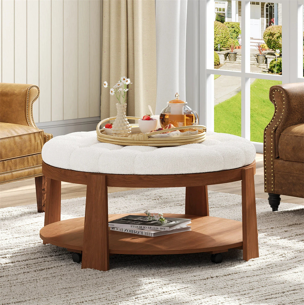 Round Ottoman Coffee Table with Upholstered Top Ivory White - Furniture Home Direct