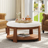 Round Ottoman Coffee Table with Upholstered Top Ivory White - Furniture Home Direct