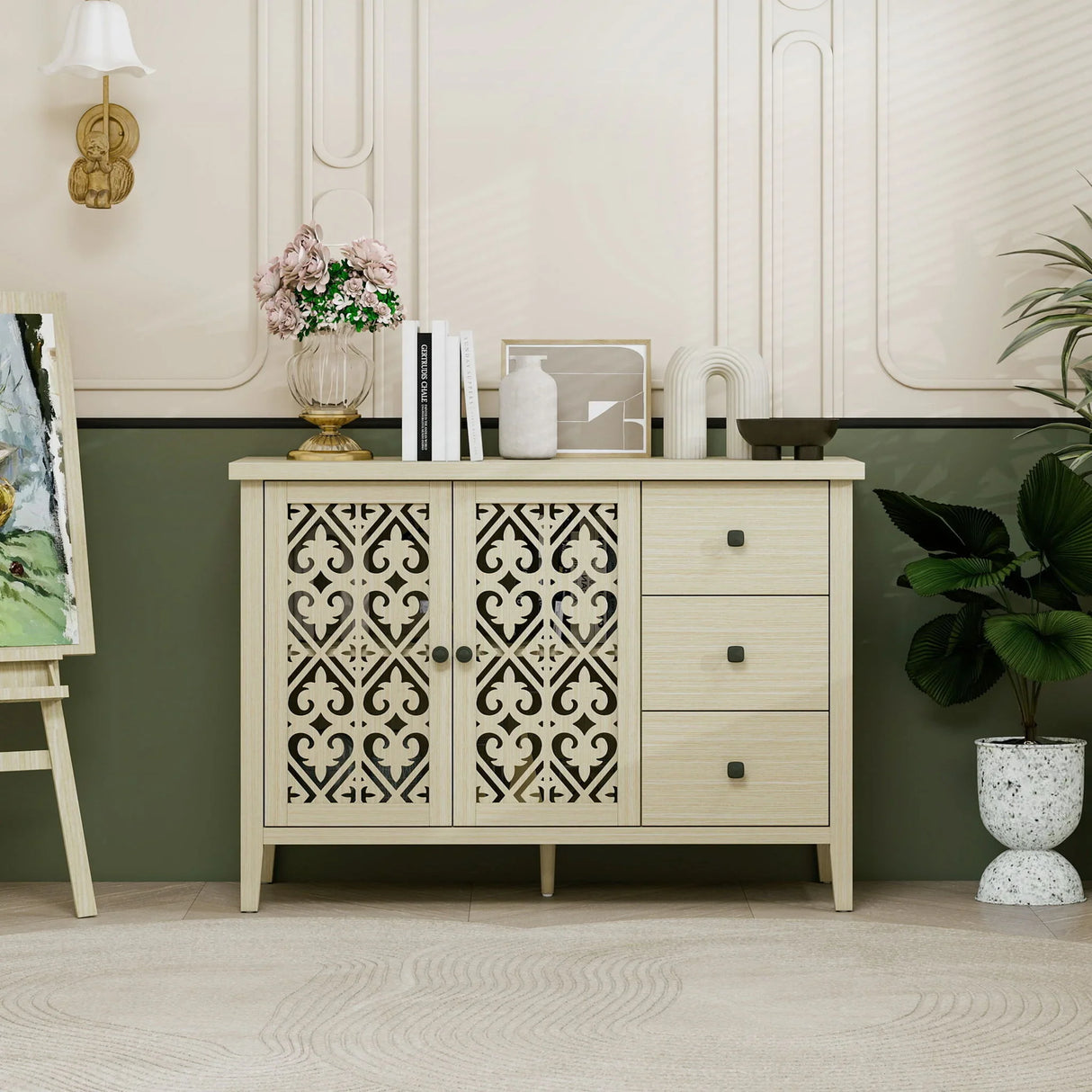 Hollowed Out Cabinet With 2 Door 3 Drawers, American Furniture, Suitable For Bedroom, Living Room, Study - Natural - Furniture Home Direct
