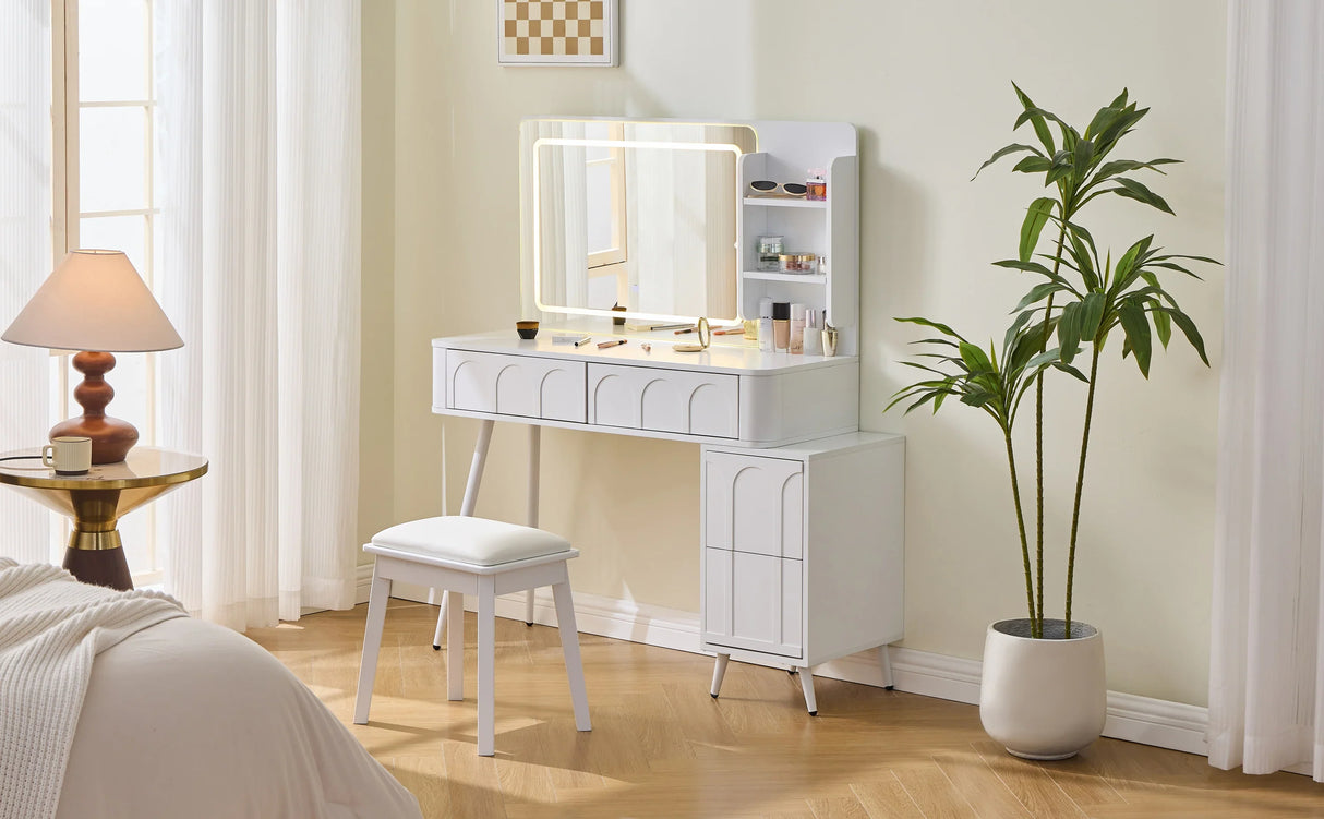 Vanity Desk With LED Mirror And Stool With Storage White - Furniture Home Direct