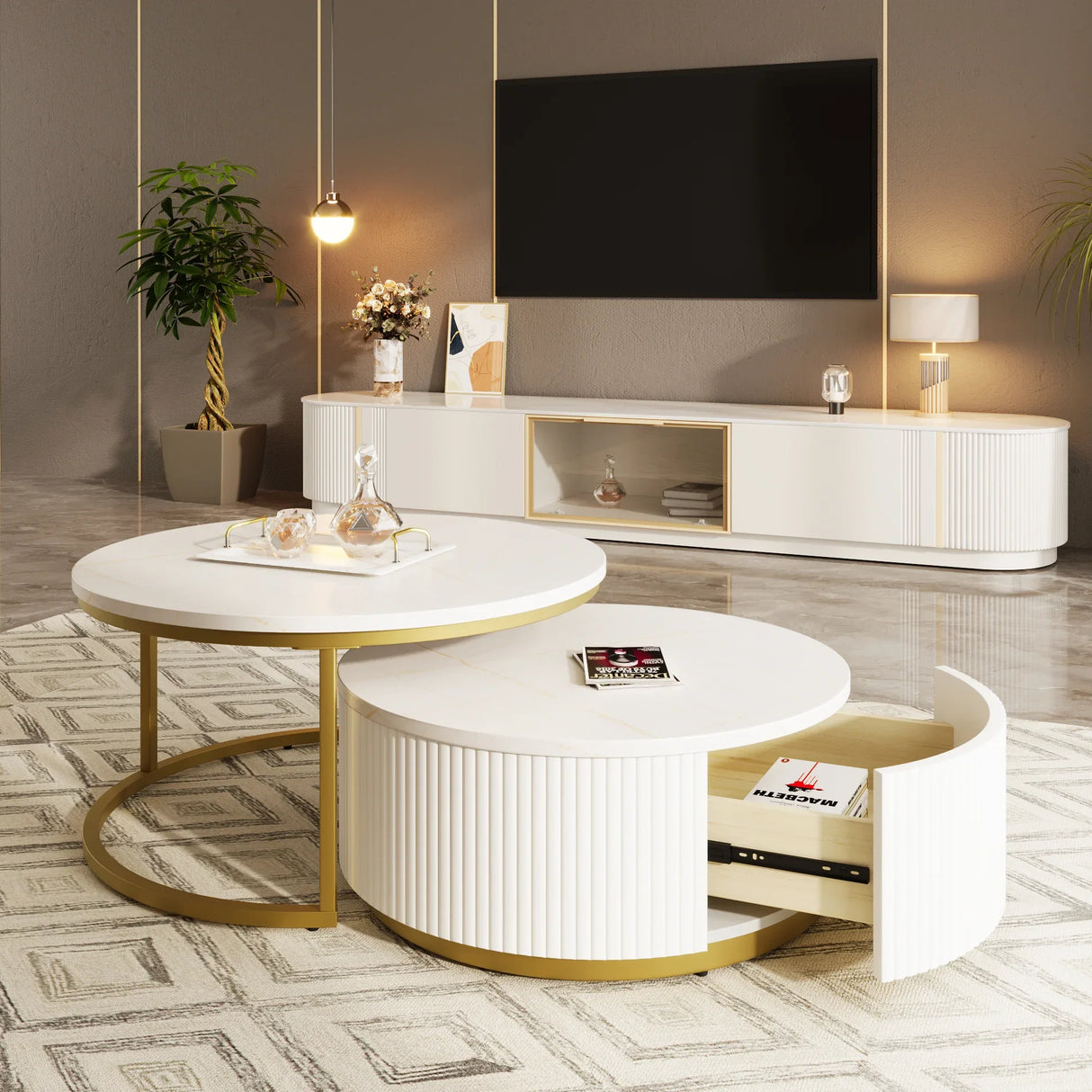 Round Nesting Coffee Table Fluted Drawer Gold and White - Furniture Home Direct