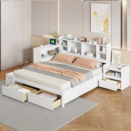 Platform Bed With Multi Functional Storage Space, Nightstand, 2 Drawers, USB Ports And Desk - Furniture Home Direct
