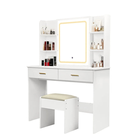 Vanity Desk With Mirror And LED Lights 3 Lighting Modes And Power Outlet 2 Spacious Drawers And Stool - White - Furniture Home Direct