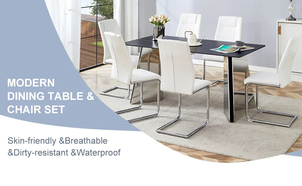 Dining Set Marble Pattern Table With White Chairs White - Furniture Home Direct