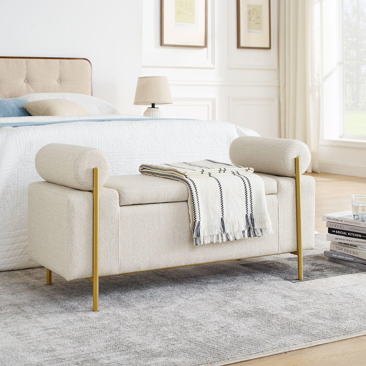 Elegant Upholstered Linen Storage Bench With Cylindrical Arms And Iron Legs, White - Furniture Home Direct