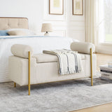 Elegant Upholstered Linen Storage Bench With Cylindrical Arms And Iron Legs, White - Furniture Home Direct