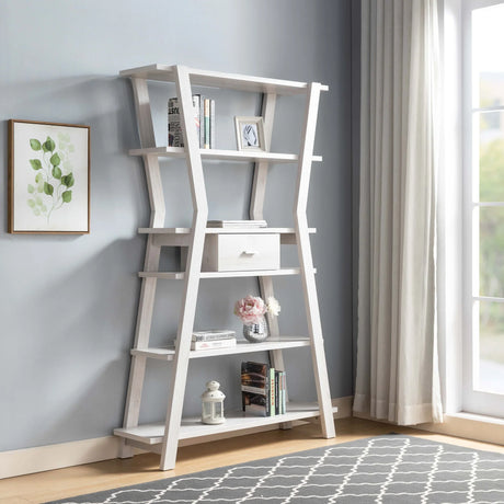 Modern Home Display Cabinet 4 Tier Open Shelving With Center Drawer - White Oak - Furniture Home Direct