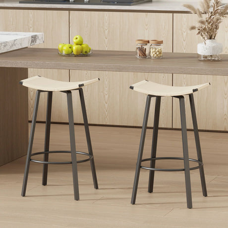 Counter Height Bar Stools Backless Handwoven Kitchen Dining Chairs With Round Footrest (Set of 2) Weaving Pub Stoo - Creamy White - Furniture Home Direct