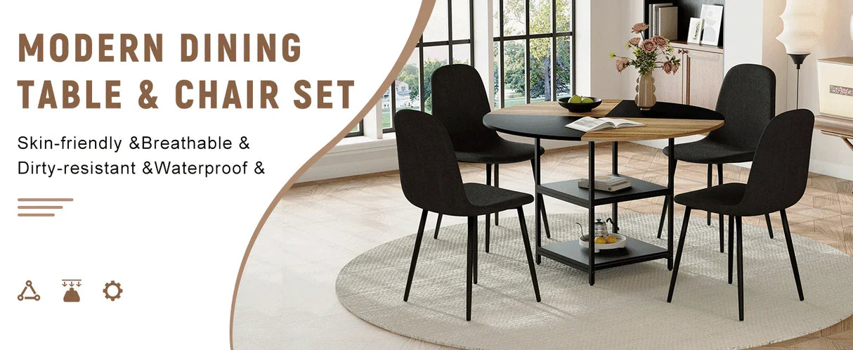 Dining Set Round Table With 4 Chairs Wood Top Black - Furniture Home Direct