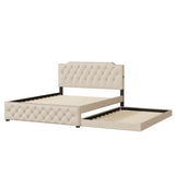 Upholstered Platform Bed With Trundle And 2 Sets Of USB Ports On Each Side, Linen Fabric - Furniture Home Direct